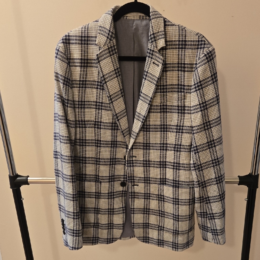 Zara Men's Plaid Blazer - Blue and White